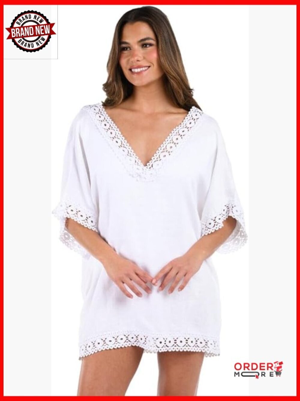 Tunic Swimsuit Cover Up with Kimono Sleeves, V-Neck, Linen Blend